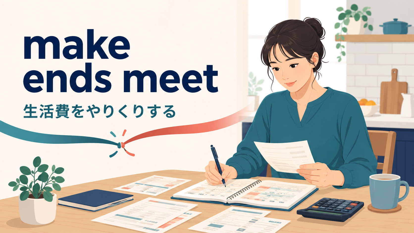 家計簿をつけながらmake ends meet(生活費をやりくりする)を学ぶ女性