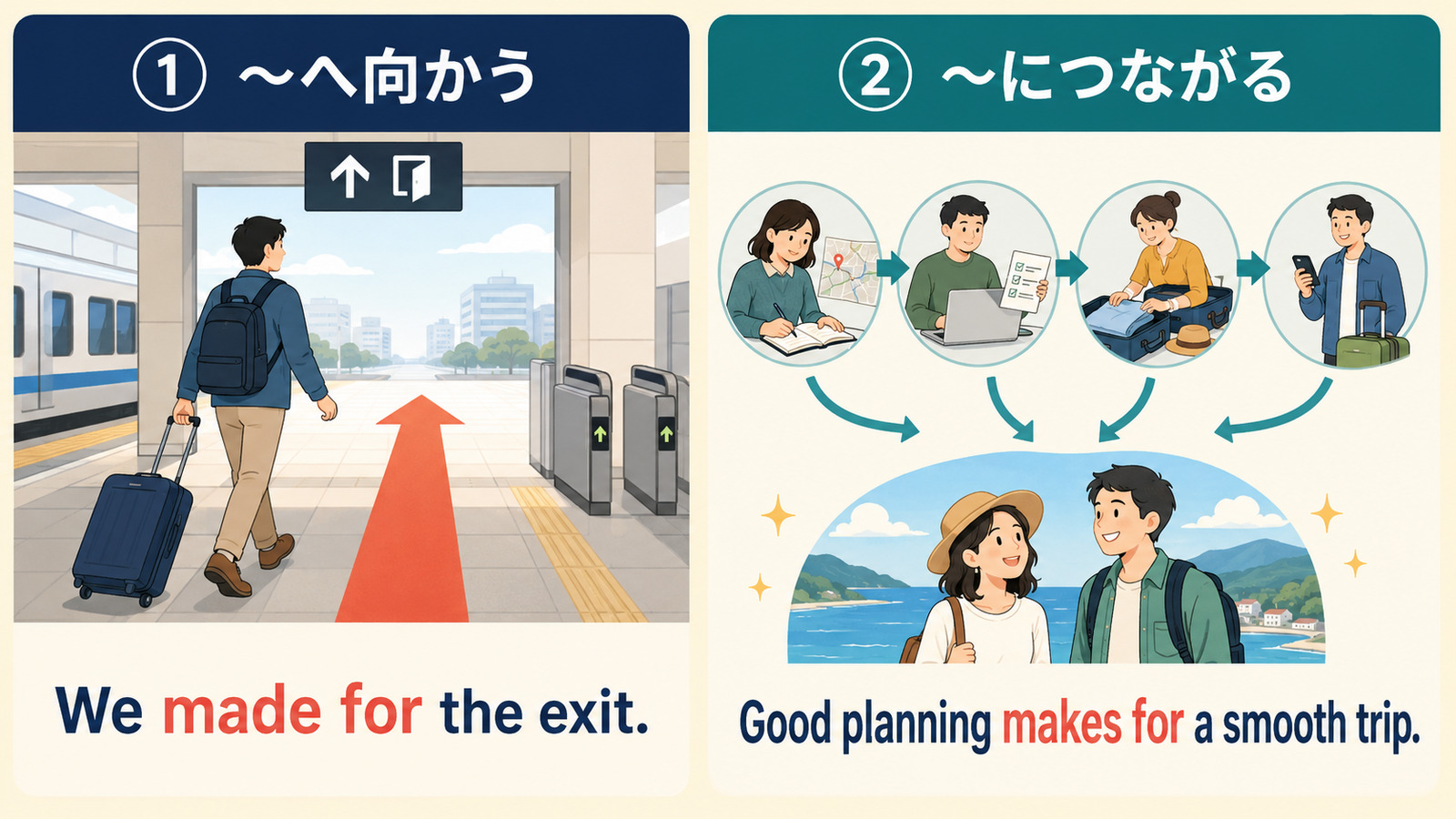 make forの「〜へ向かう」と「〜につながる」を比較する例文イラスト