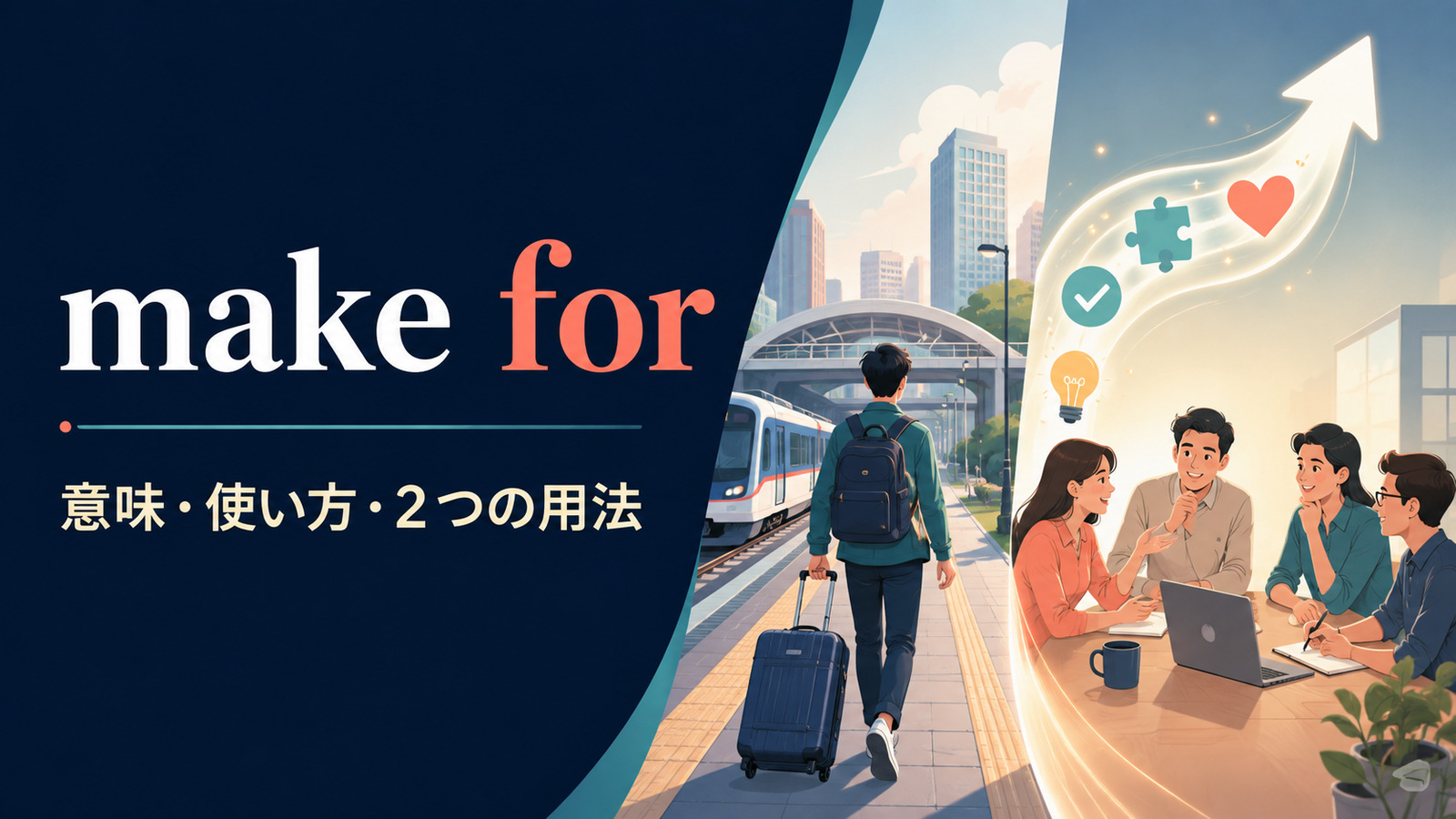 make forの意味・使い方と2つの用法を解説するアイキャッチ画像