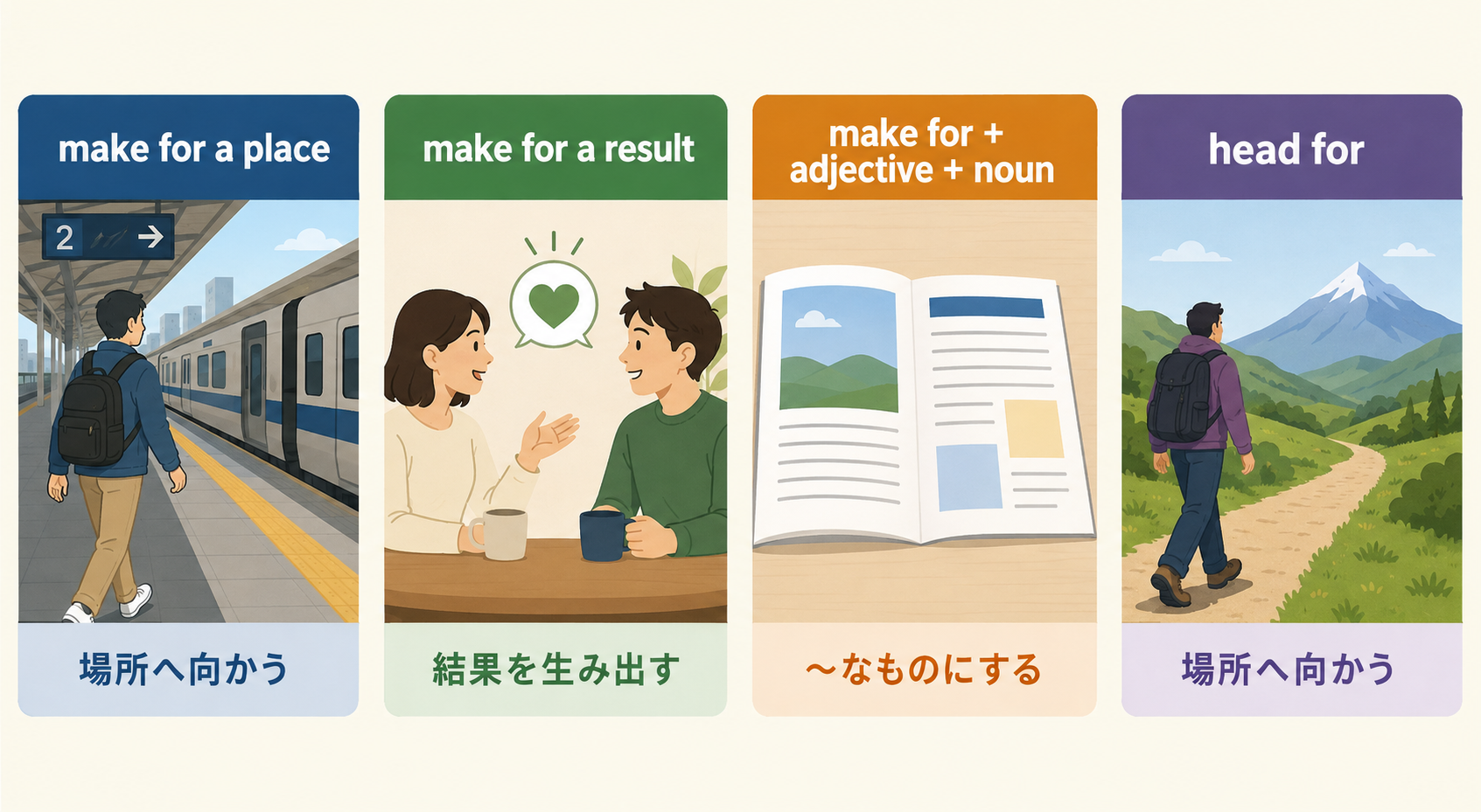 make forの3つの用法とhead forとの違いを示す比較イラスト