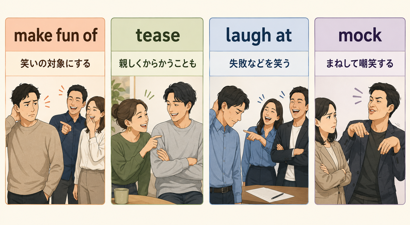 make fun of・tease・laugh at・mockのニュアンスの違いを示す比較イラスト