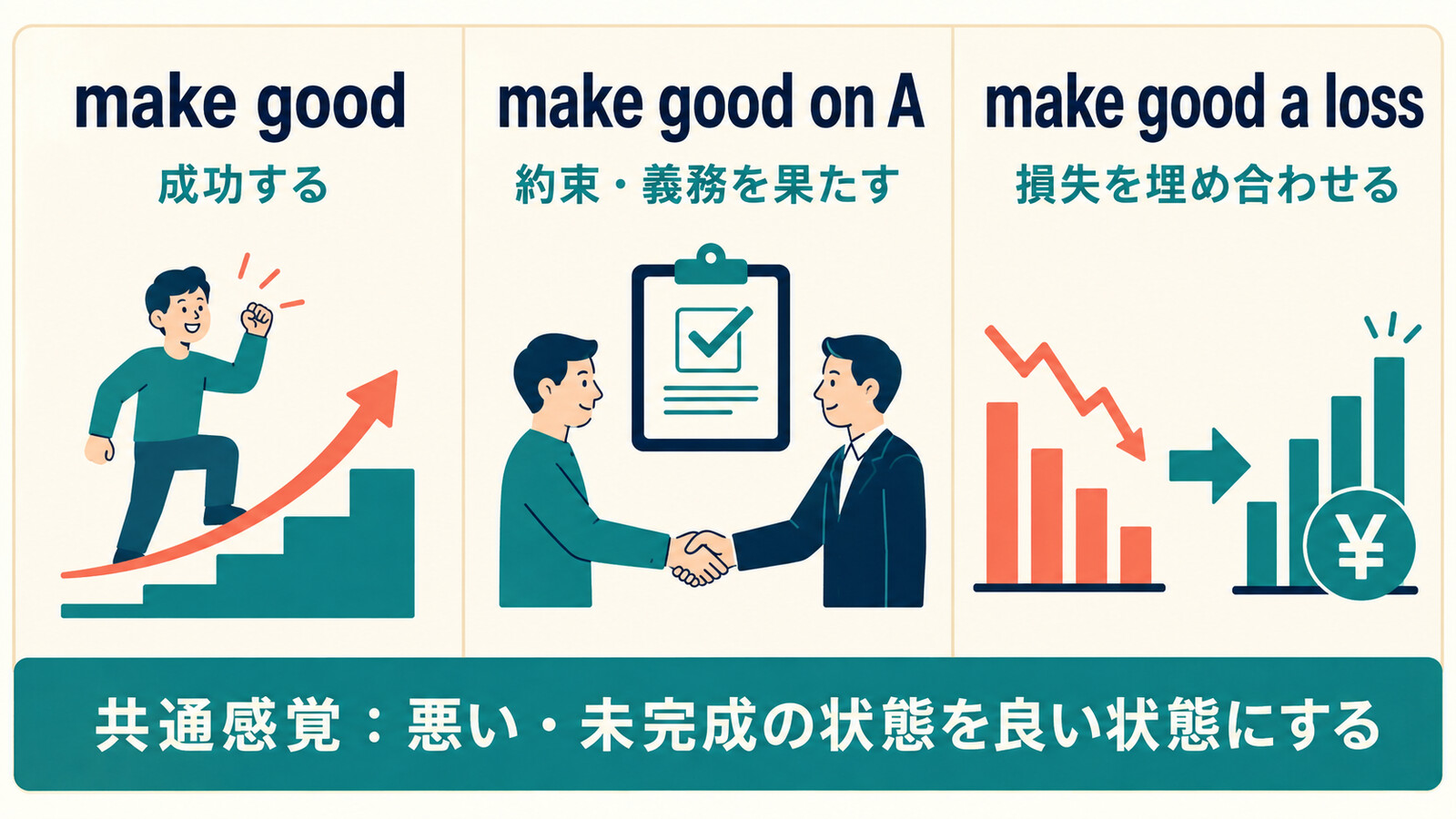make good・make good on A・make good a lossの意味の違いを示す図解