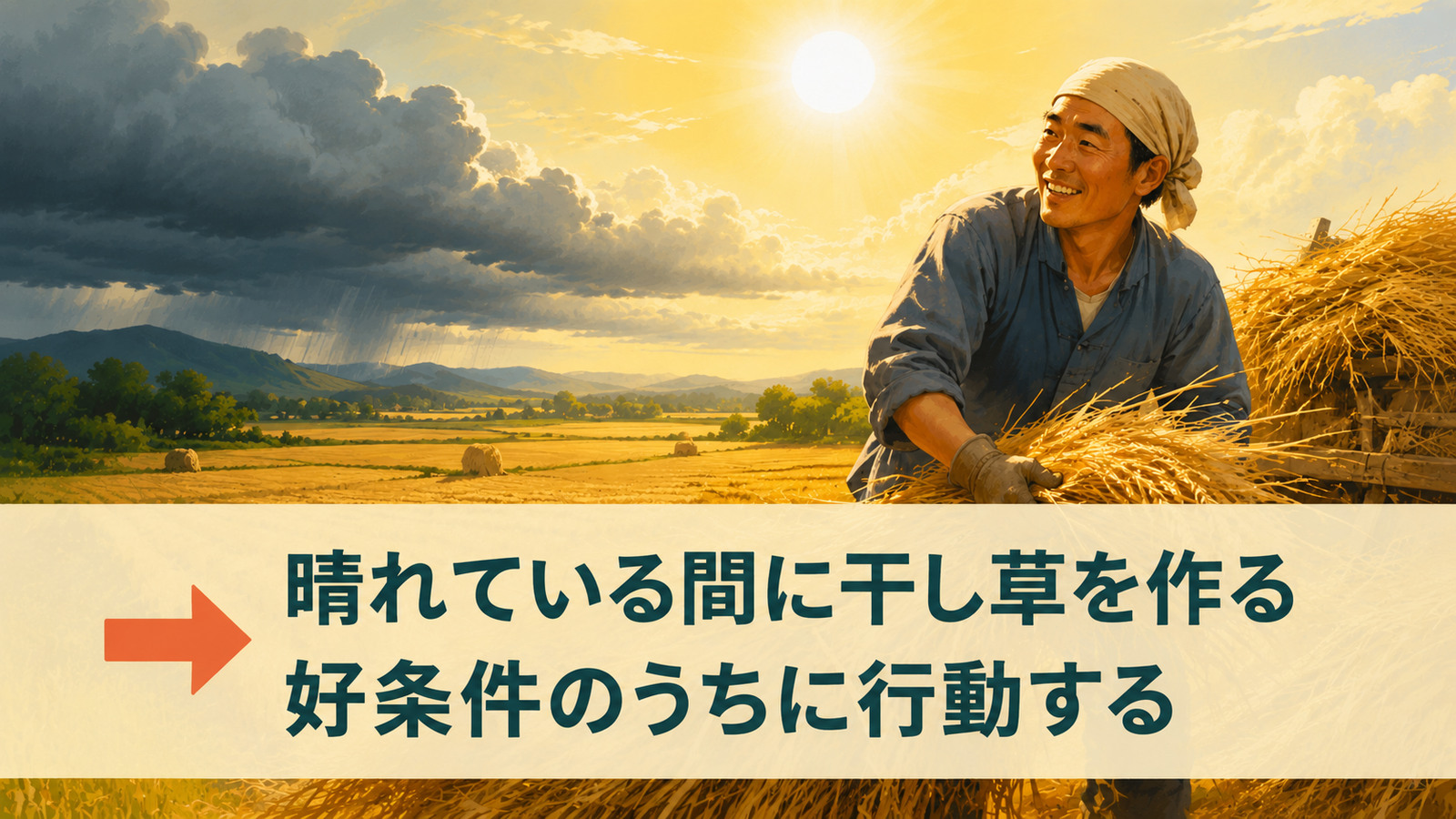 make hay while the sun shinesの直訳と実際のニュアンスを比較する解説イラスト