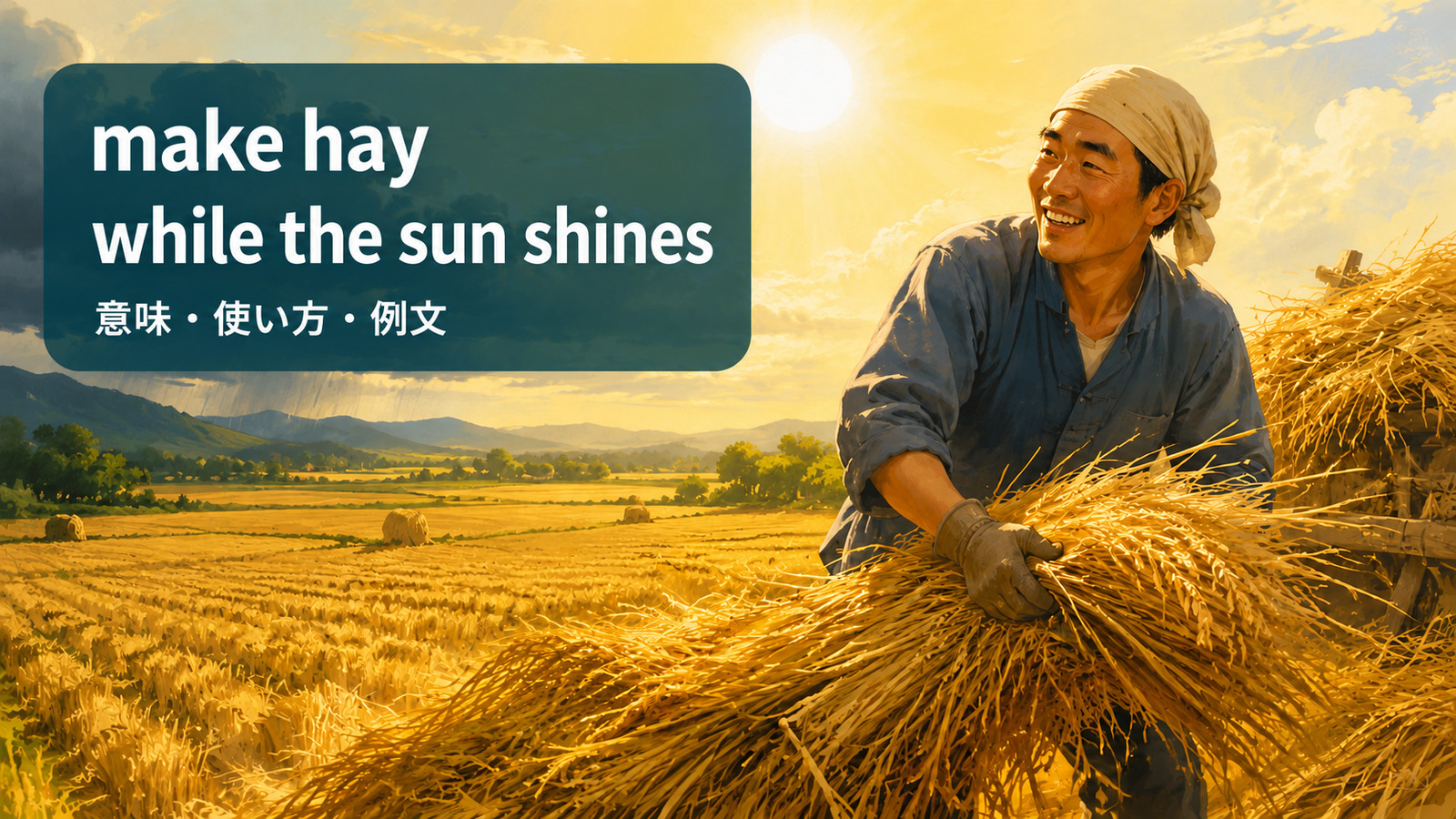 make hay while the sun shinesの意味と使い方を示すアイキャッチ