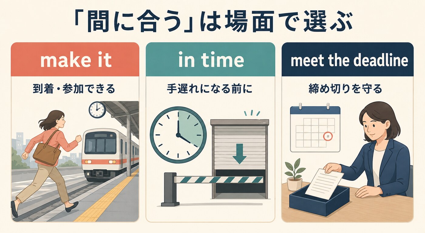 make it、in time、meet the deadlineの使い分け比較図