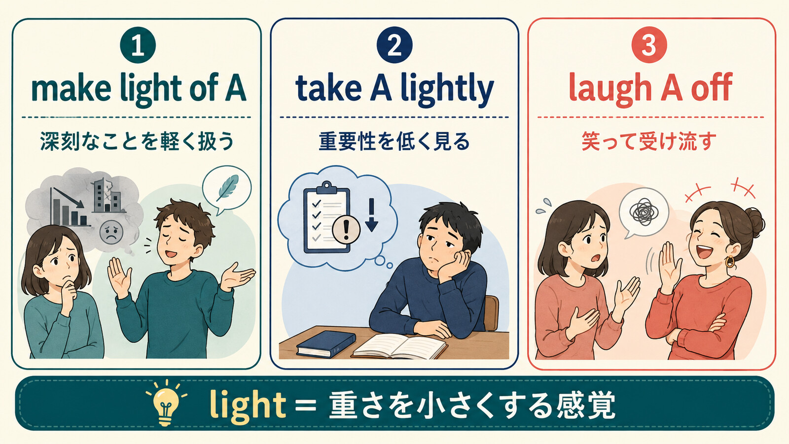 make light of・take lightly・laugh offのニュアンスの違いを示す図解