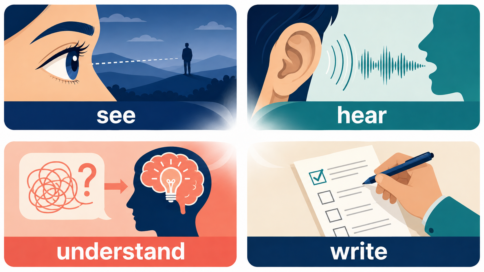 see・hear・understand・writeでmake outの主要用法を示す図