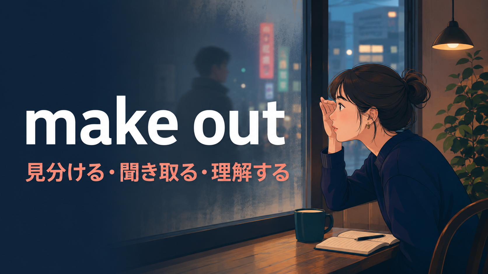 ぼんやりした人影を見分けようとする女性とmake outの意味を表すアイキャッチ