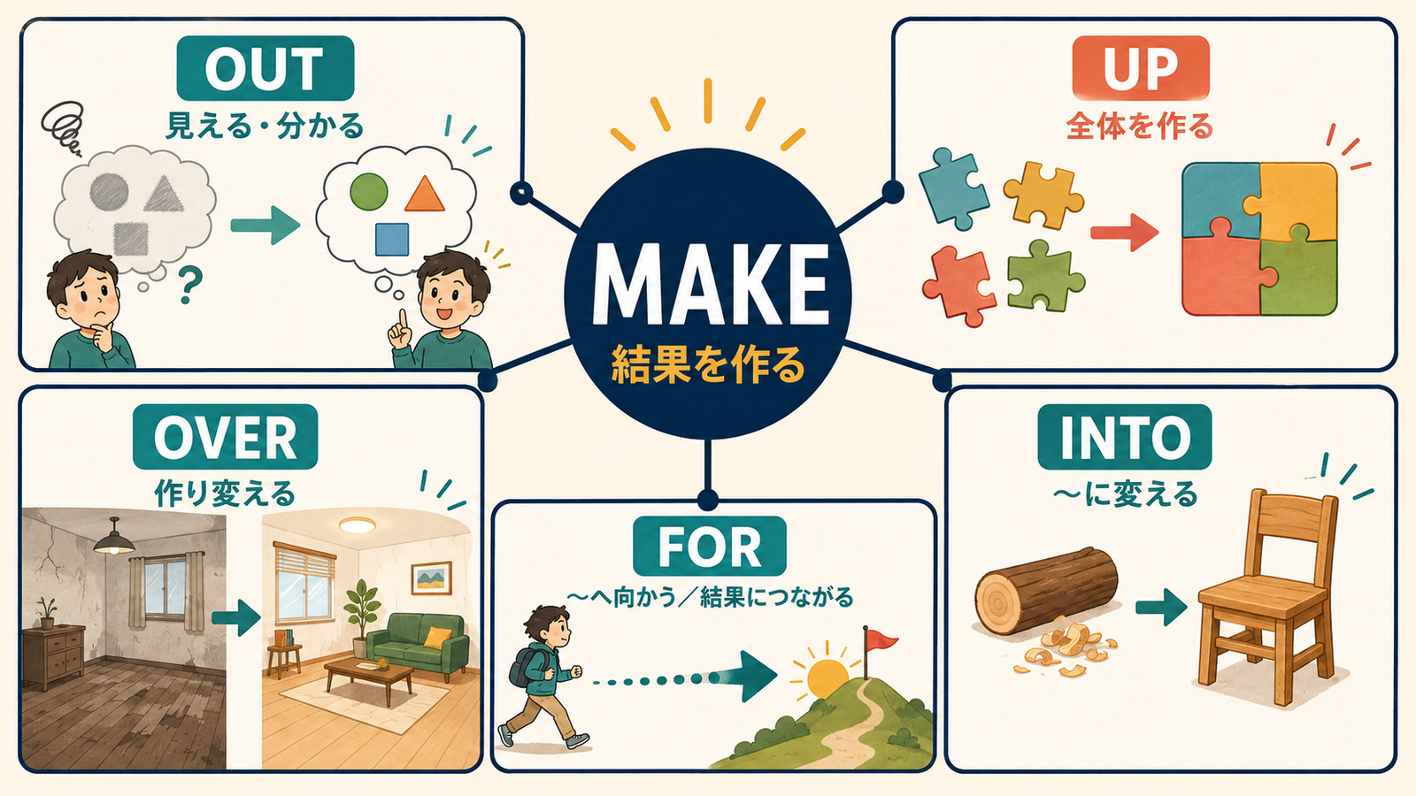 make out・make up・make over・make into・make forの意味の広がり