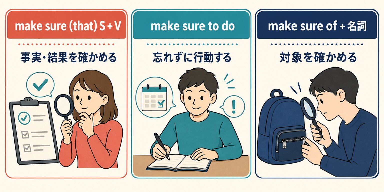 make sure that・make sure to do・make sure ofの違いを示したイラスト