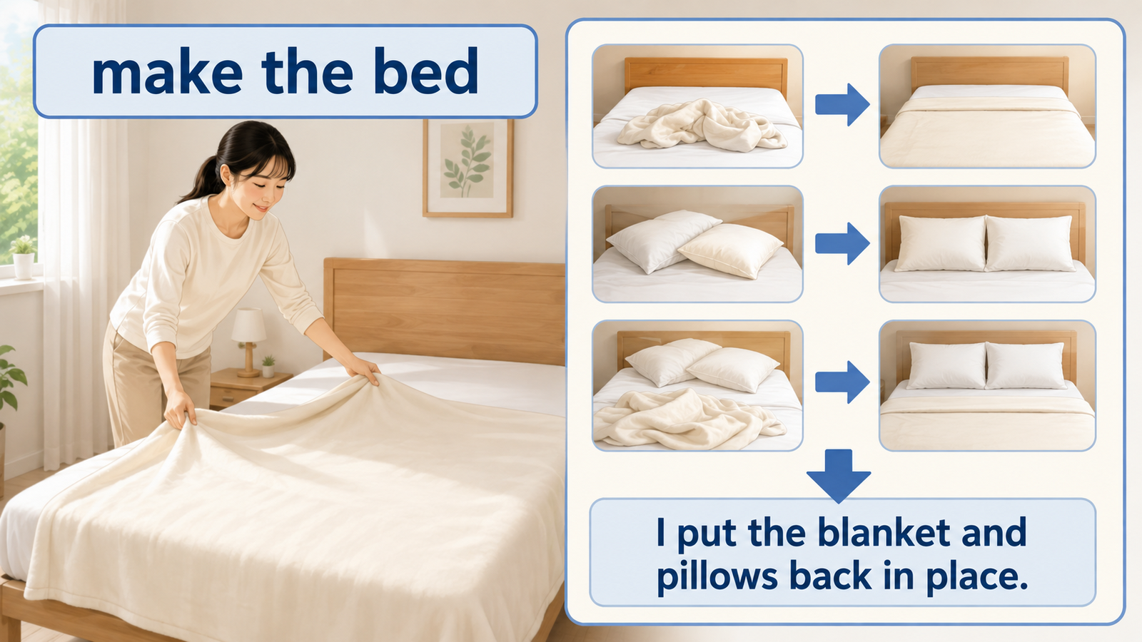 make the bedをI put the blanket and pillows back in place.と言い換える解説イラスト