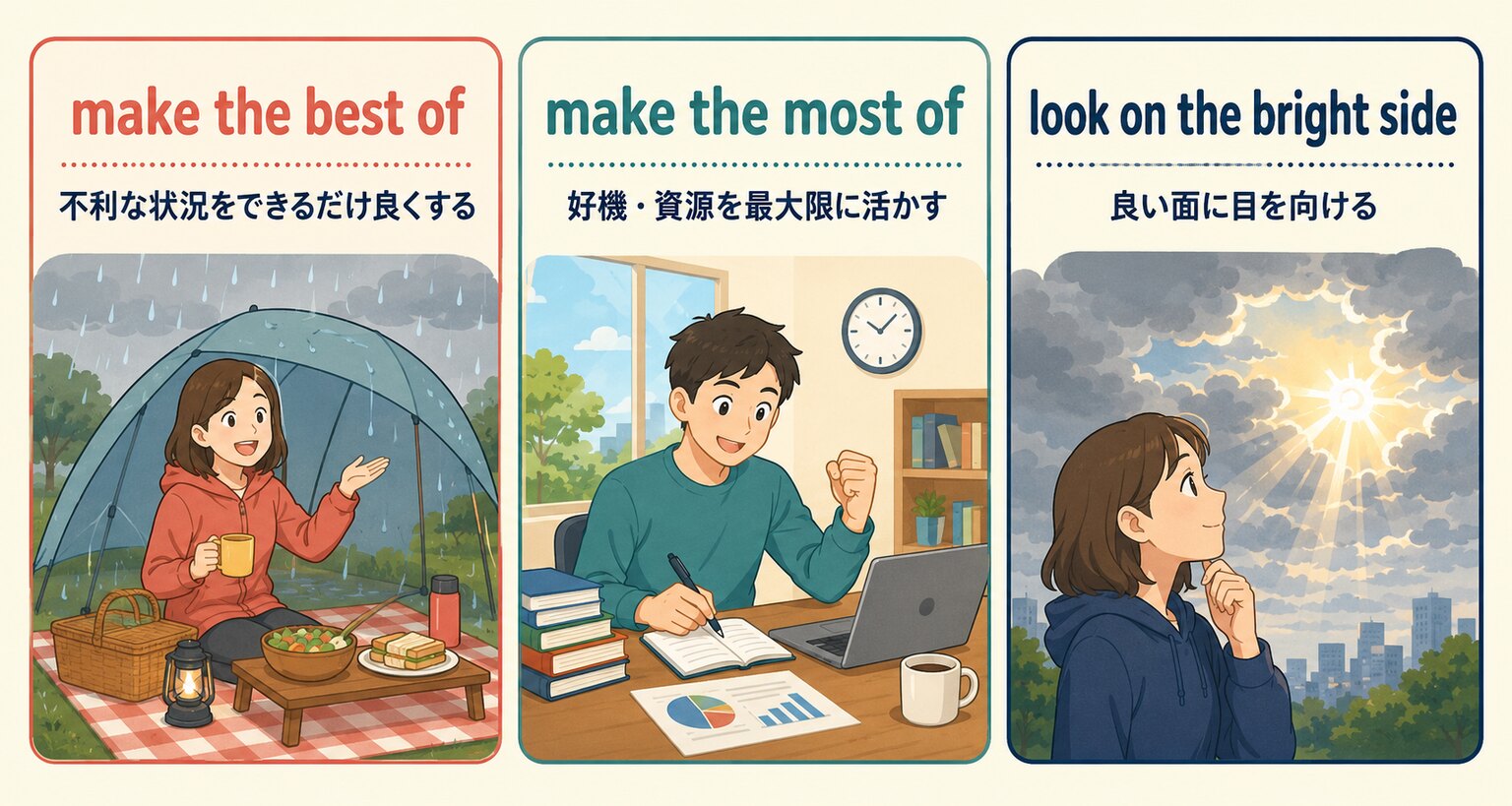 make the best of・make the most of・look on the bright sideの違いを示すイラスト