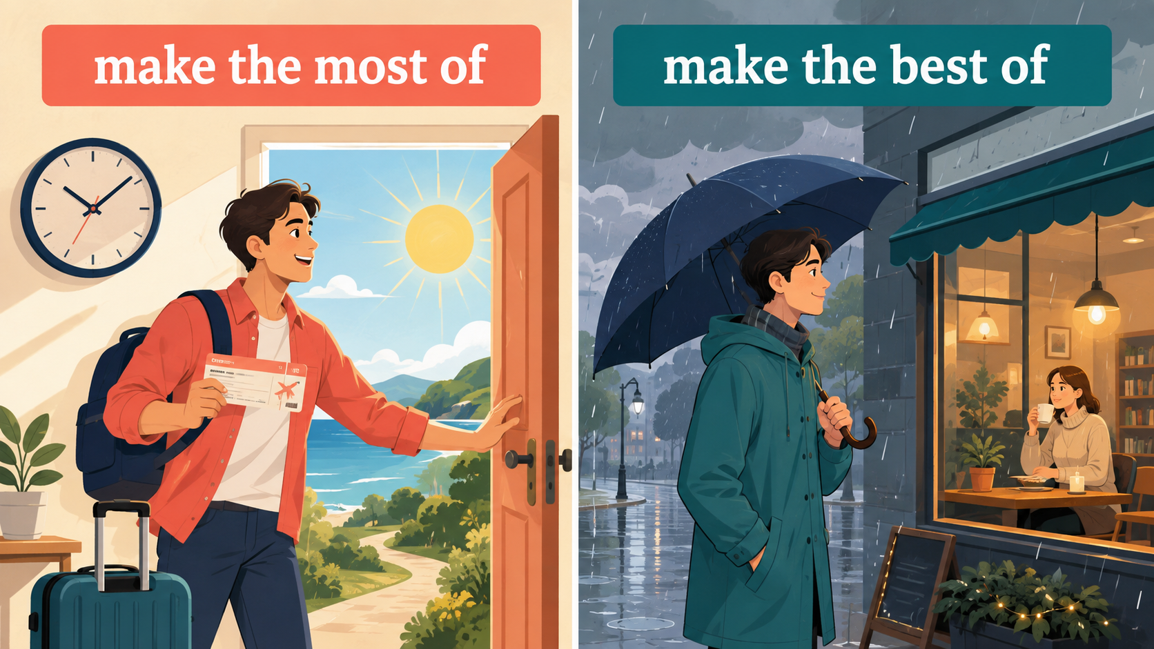 make the most ofとmake the best ofの違いを視覚的に示すイラスト
