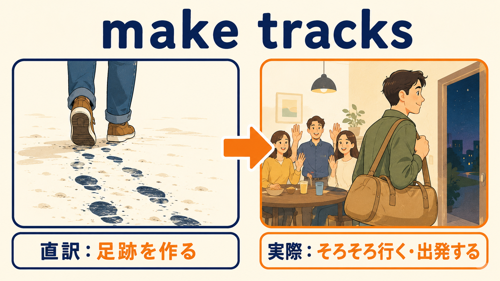 make tracksの直訳「足跡を作る」と実際の意味「そろそろ行く・出発する」の比較図