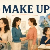 MAKE UPの文字と、化粧・仲直り・作り話の場面を描いたイラスト