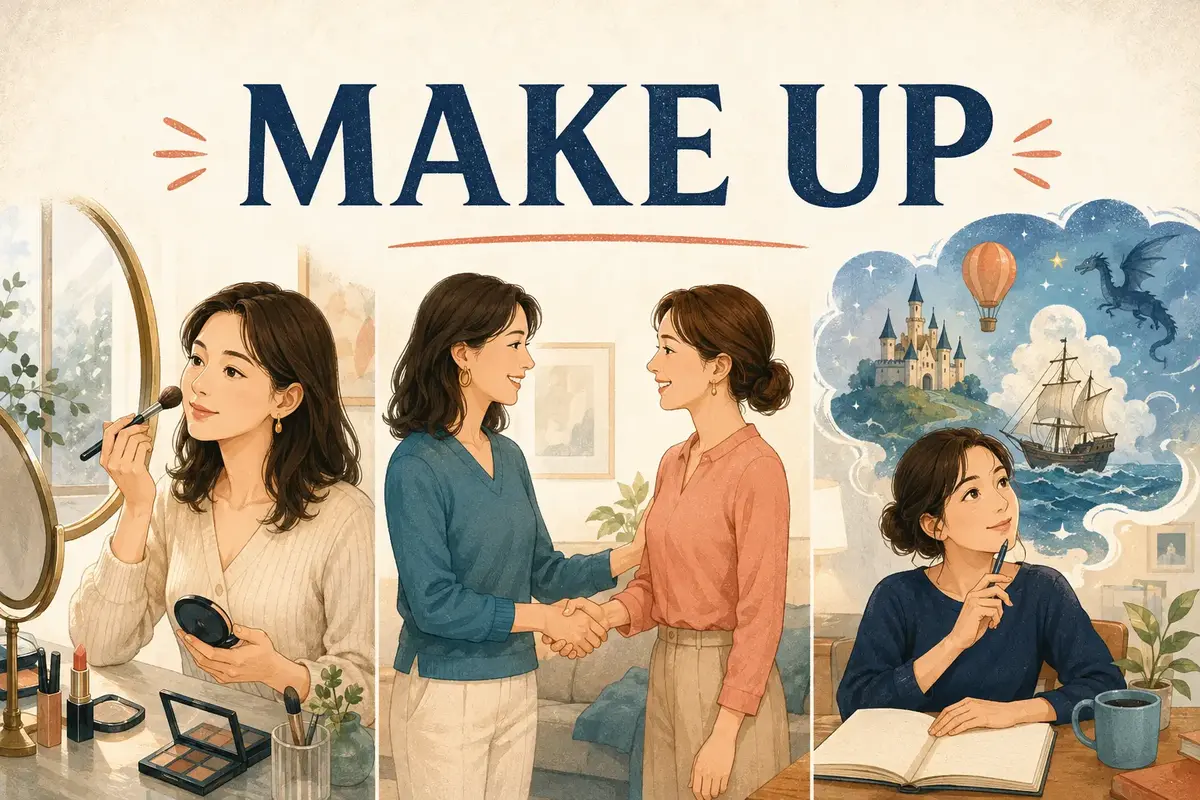 MAKE UPの文字と、化粧・仲直り・作り話の場面を描いたイラスト