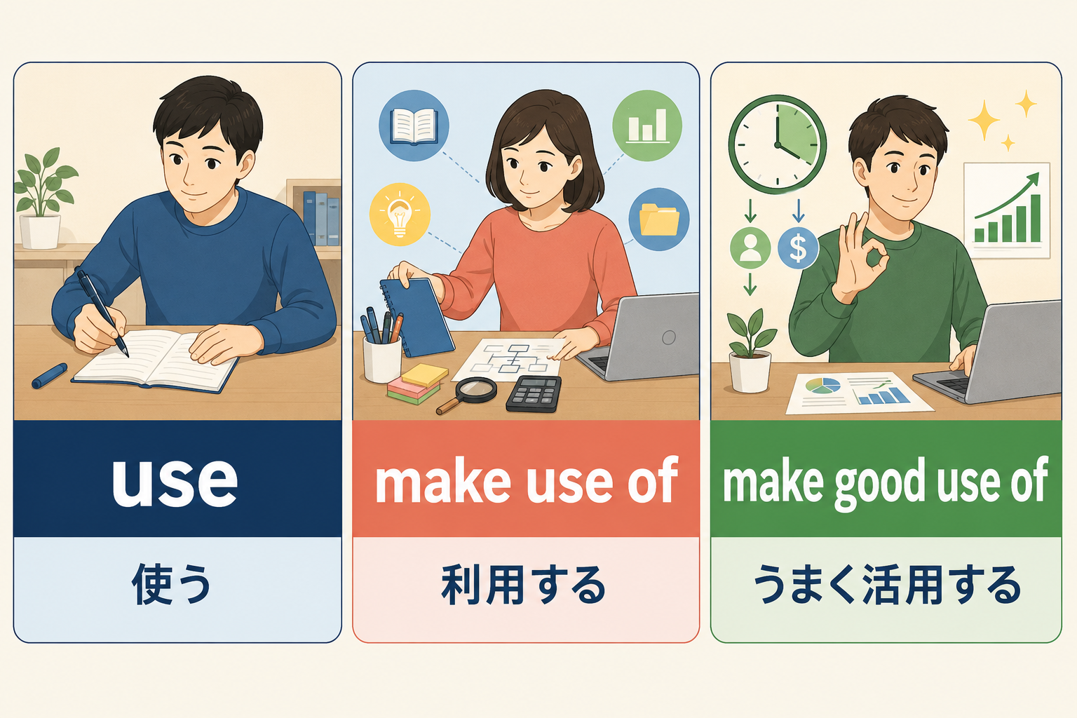 use、make use of、make good use ofのニュアンスを比較したイラスト