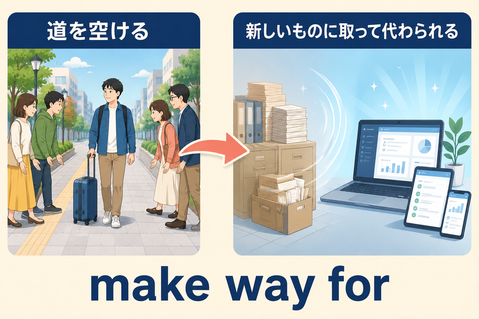 make way forの「道を空ける」と「新しいものに取って代わられる」を比較したイラスト