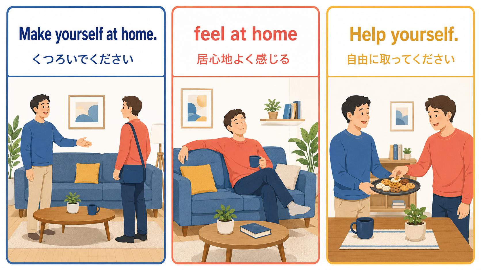Make yourself at home・feel at home・Help yourselfのニュアンスの違いを示す解説イラスト