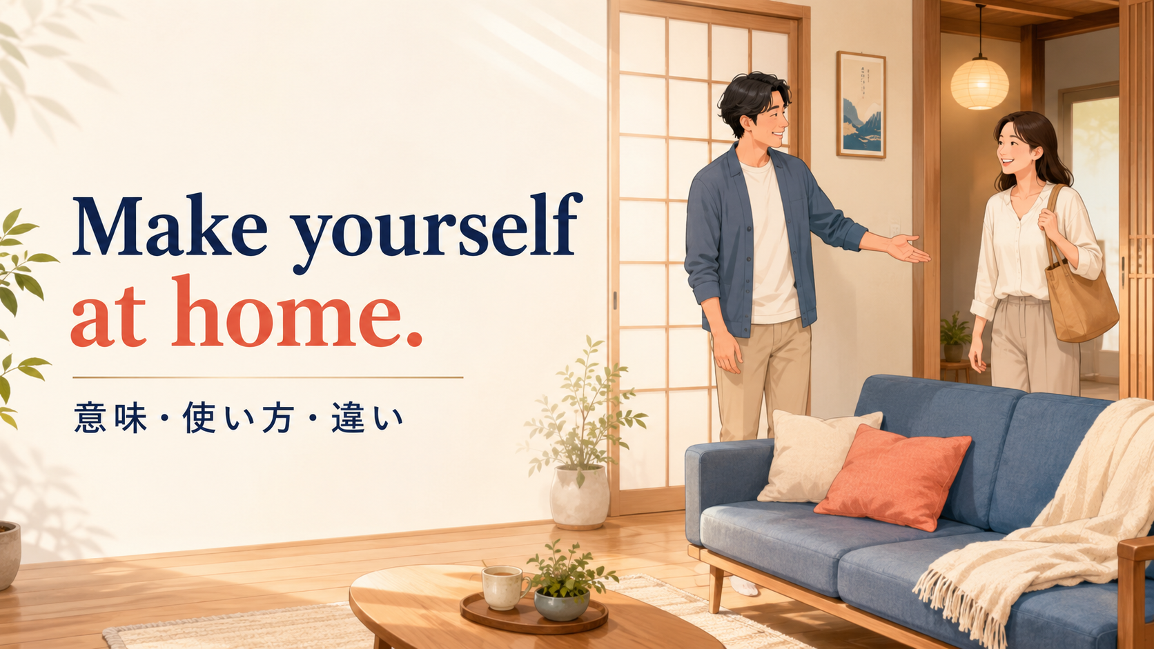 Make yourself at home.の意味・使い方とfeel at homeとの違いを解説するアイキャッチ画像