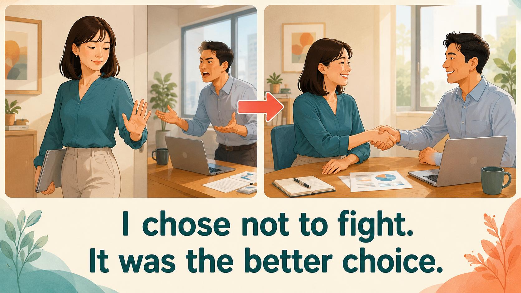I chose not to fight. It was the better choice.で負けるが勝ちを簡単な英語に言い換えるイラスト