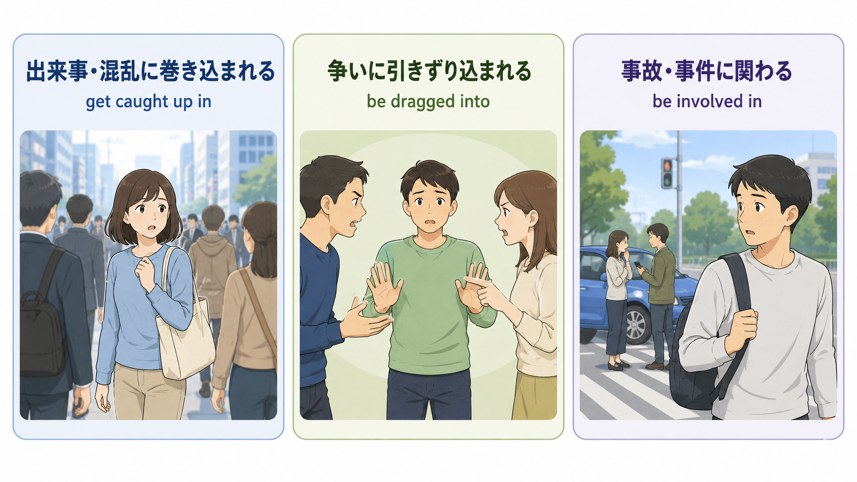 get caught up in・be dragged into・be involved inで表す「巻き込まれる」の違い