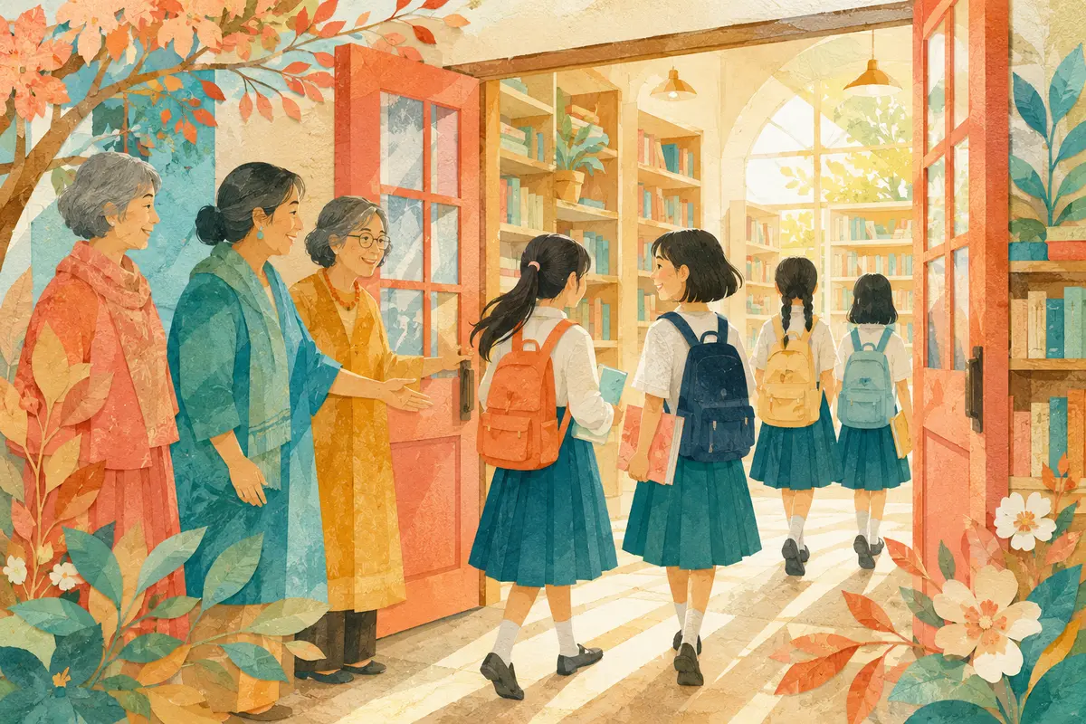 明るい図書館の扉を開き、少女たちを迎える大人の女性たち