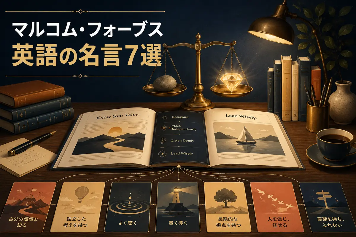 マルコム・フォーブスの英語の名言7選。天秤と出版デスクで自己価値と知恵を表すイラスト