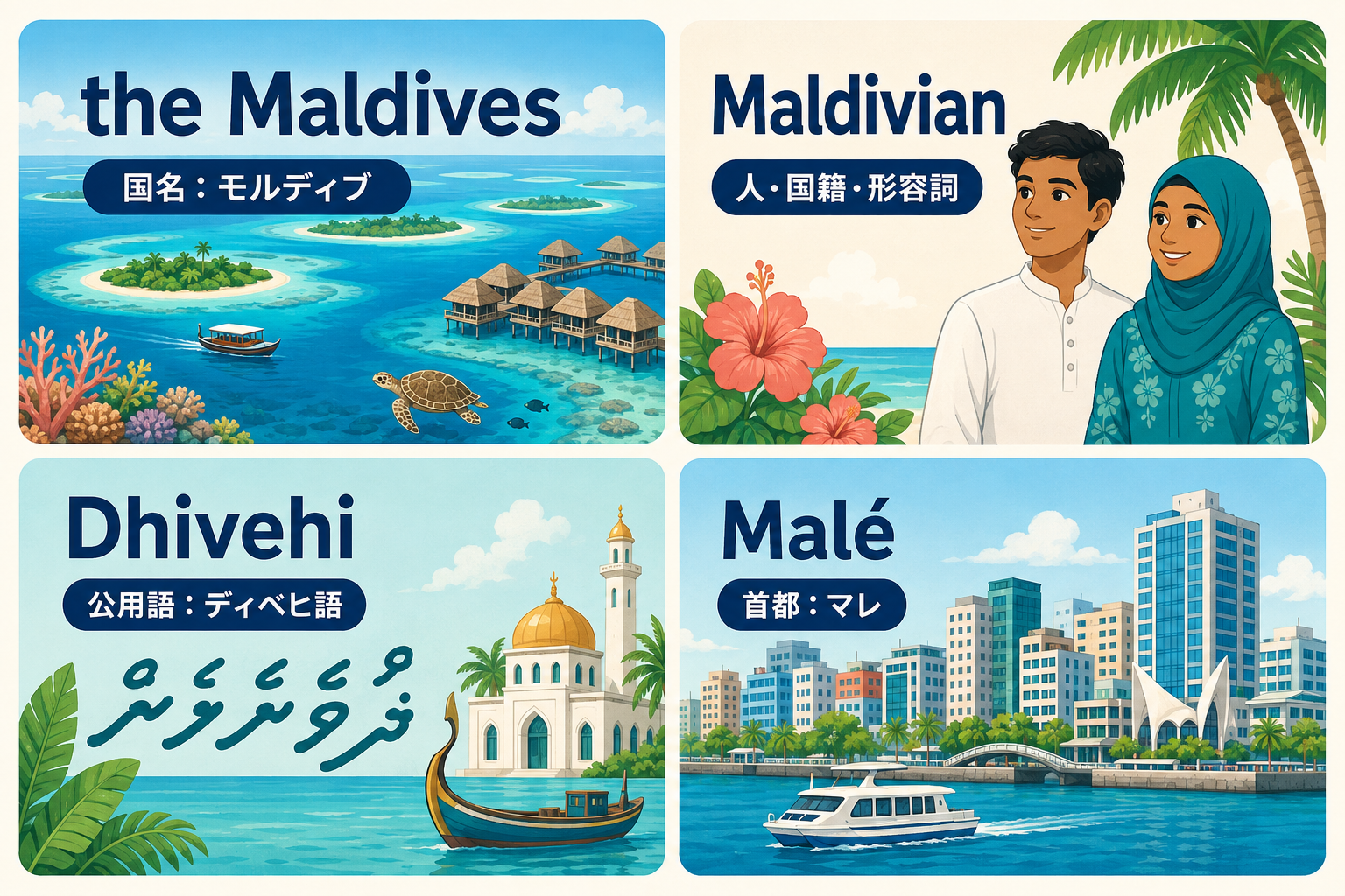the Maldives、Maldivian、Dhivehi、Maléの違いを示す図