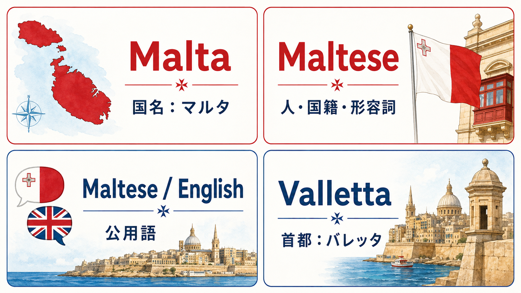 Malta、Maltese、英語、Vallettaの意味の違いを示す図