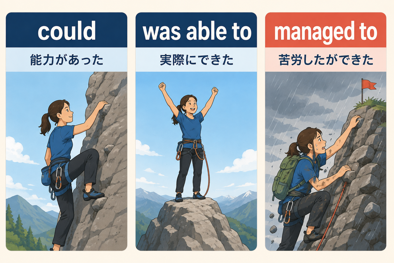 could、was able to、managed toのニュアンスを比較したイラスト