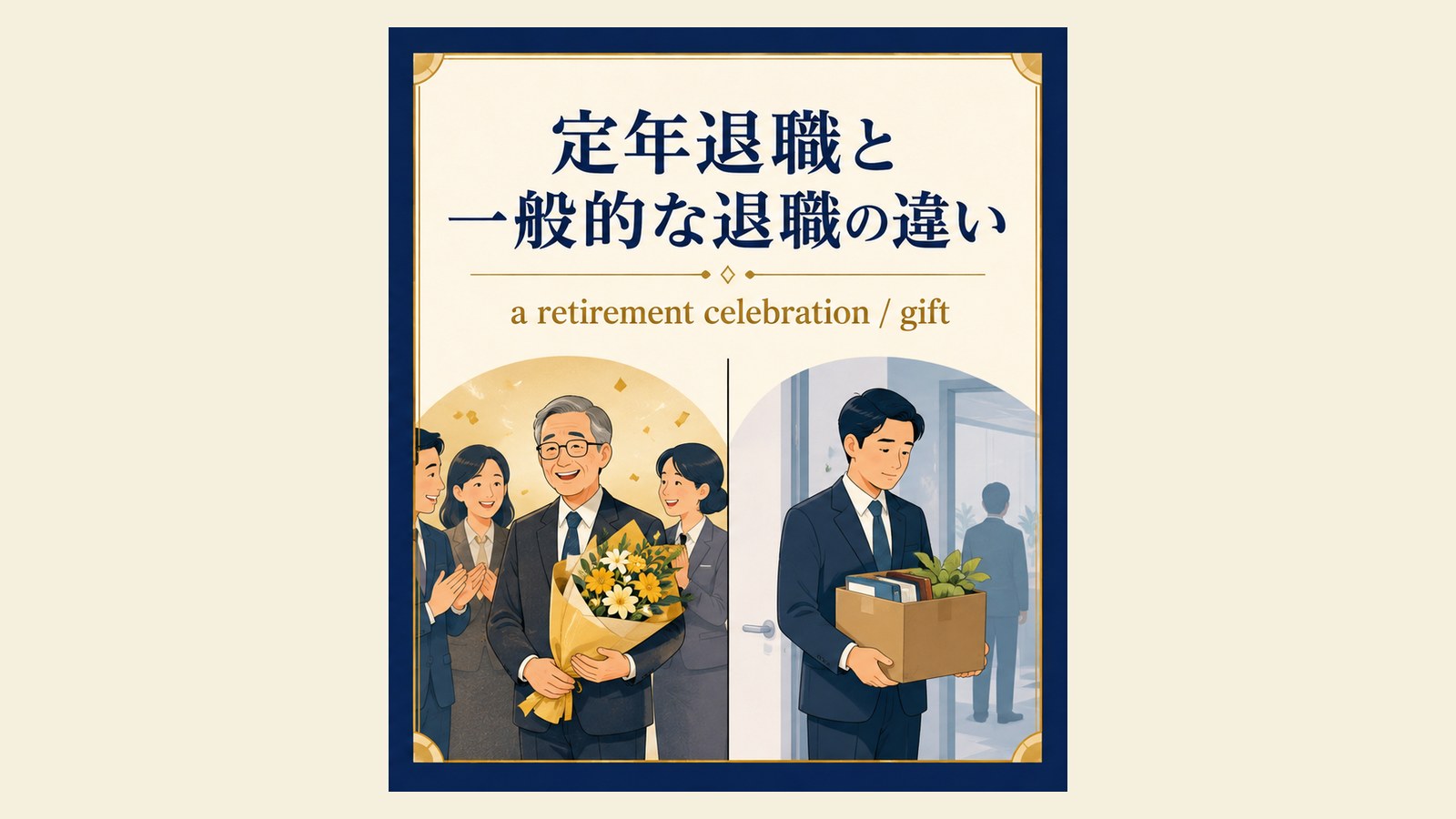 定年祝いの英語表現と使い分けを説明するイラスト