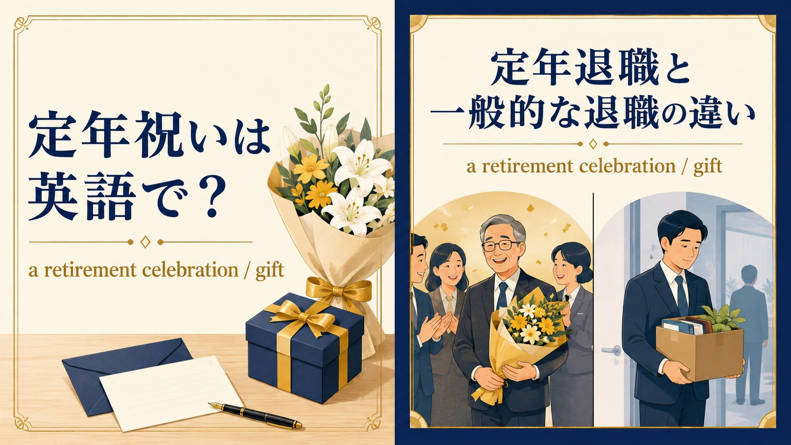 定年祝いは英語で？a retirement celebration / giftを解説するアイキャッチ