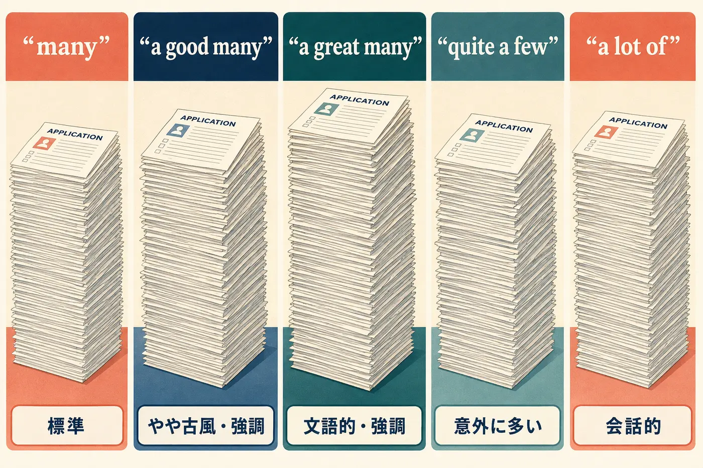 manyとa good manyとa great manyとquite a fewとa lot ofの違いを示す図解