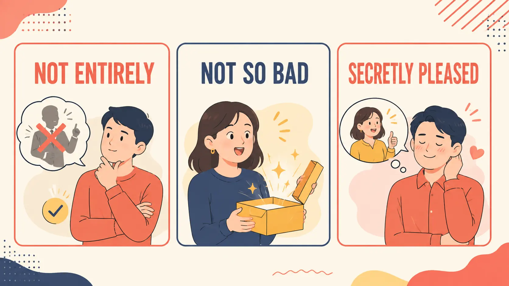 not entirely、not so bad、secretly pleasedの違い