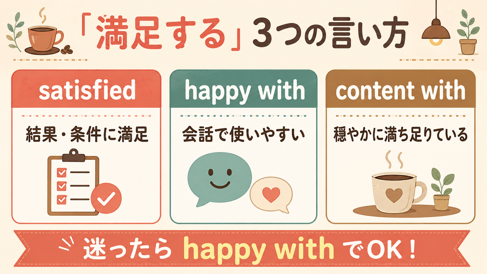 satisfied・happy with・content withの使い分け