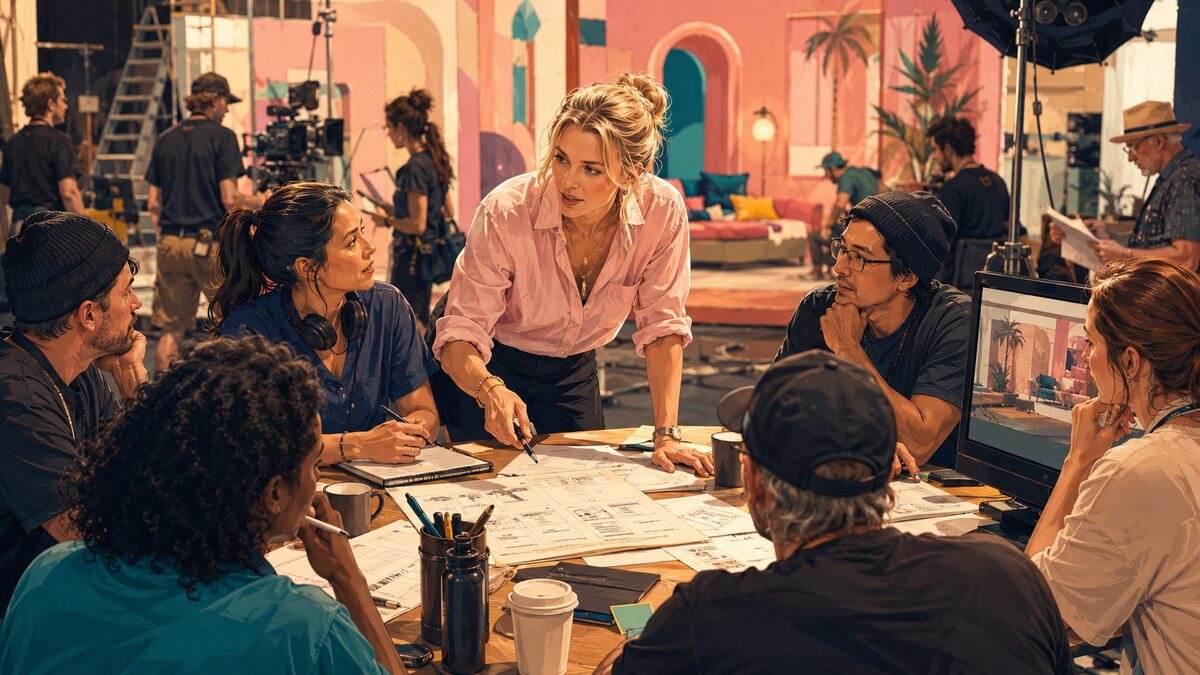 映画の制作会議でスタッフと問題解決に取り組む女性プロデューサーのイラスト