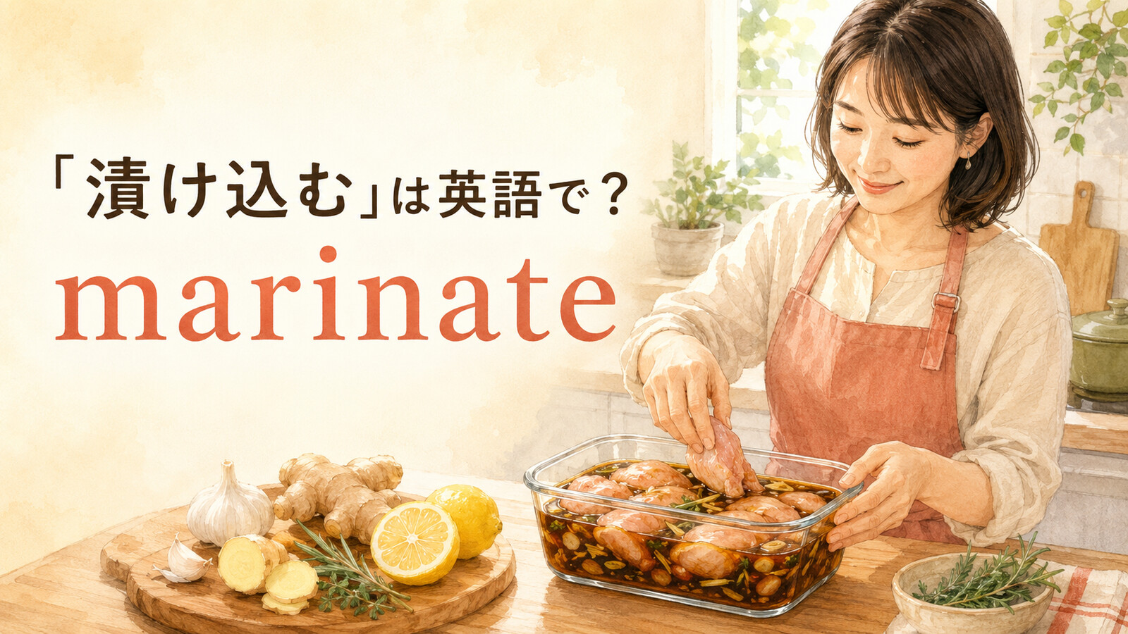 鶏肉を調味液に漬け込む女性とmarinateのアイキャッチ