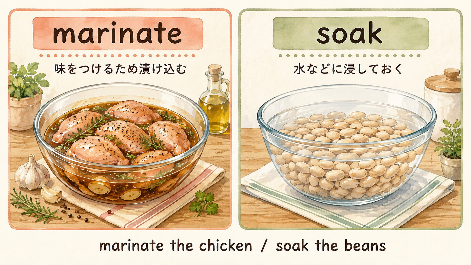 味をつけるため漬け込むmarinateと水などに浸すsoakの違い