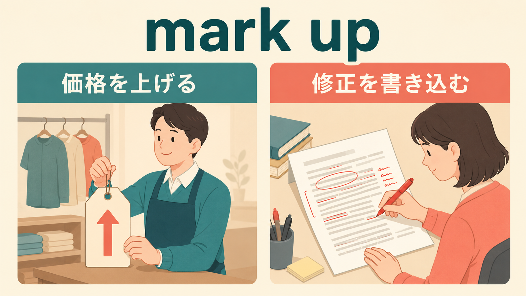 mark upの価格を上げる・修正を書き込むという2つの用法の解説図