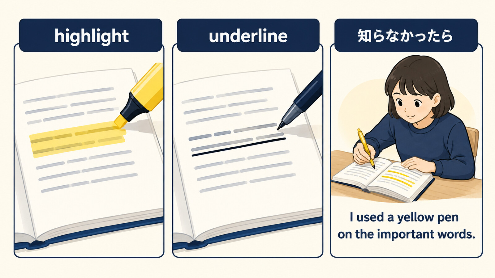 highlightとunderlineの違いとI used a yellow pen on the important wordsへの言い換え