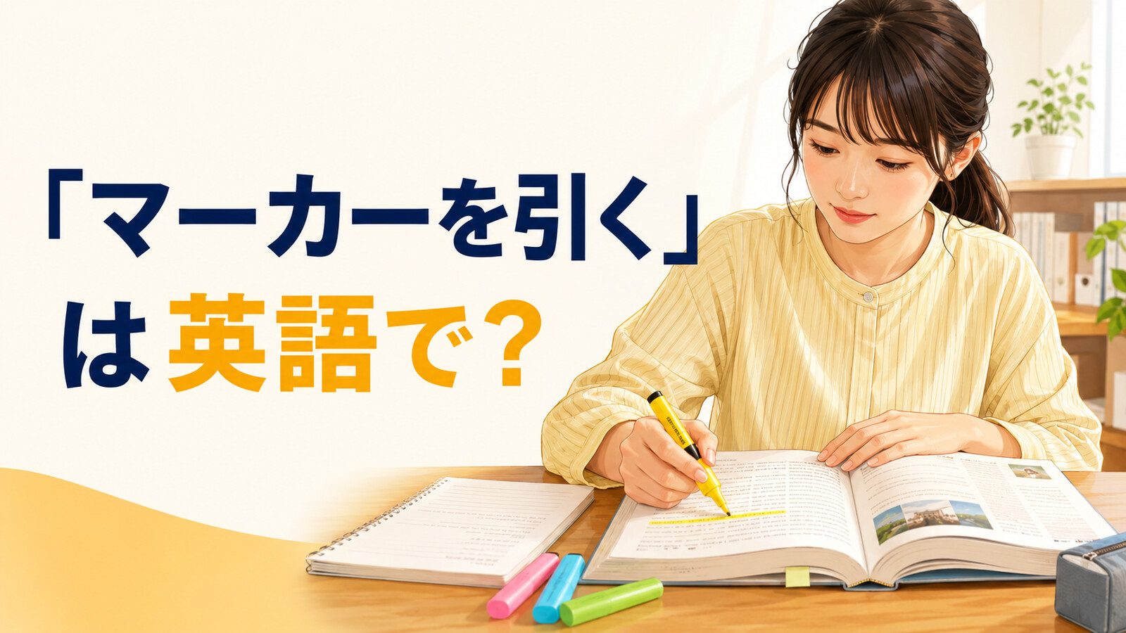 英語の教科書の重要な文に黄色いマーカーを引く学習者