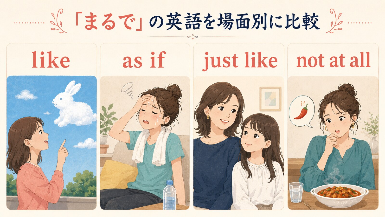 まるでを表すlike、as if、just like、not at allの場面別比較