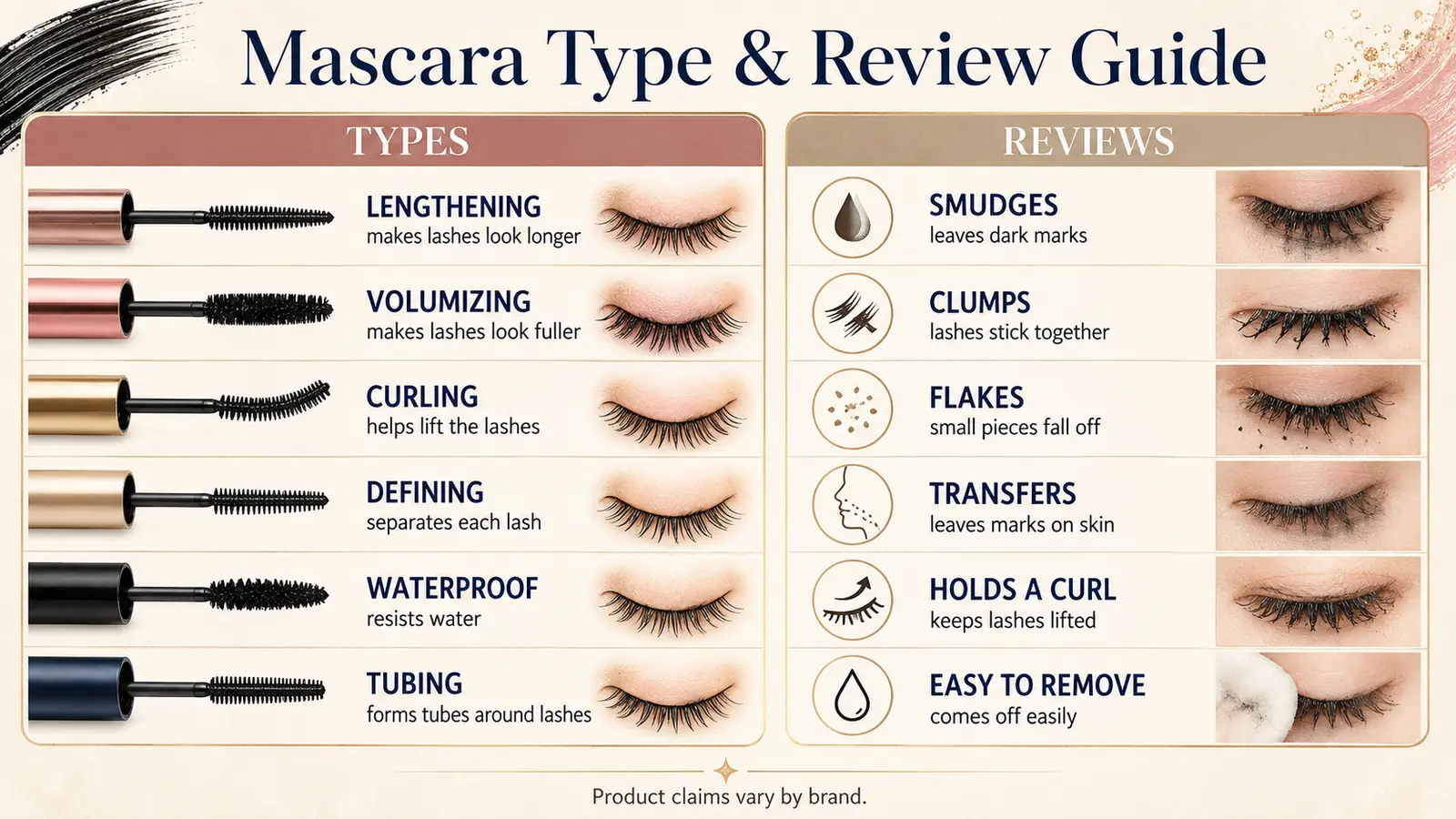 マスカラの種類と口コミ英語の比較。lengthening、volumizing、curling、defining、waterproof、tubingとsmudges、clumps、flakes