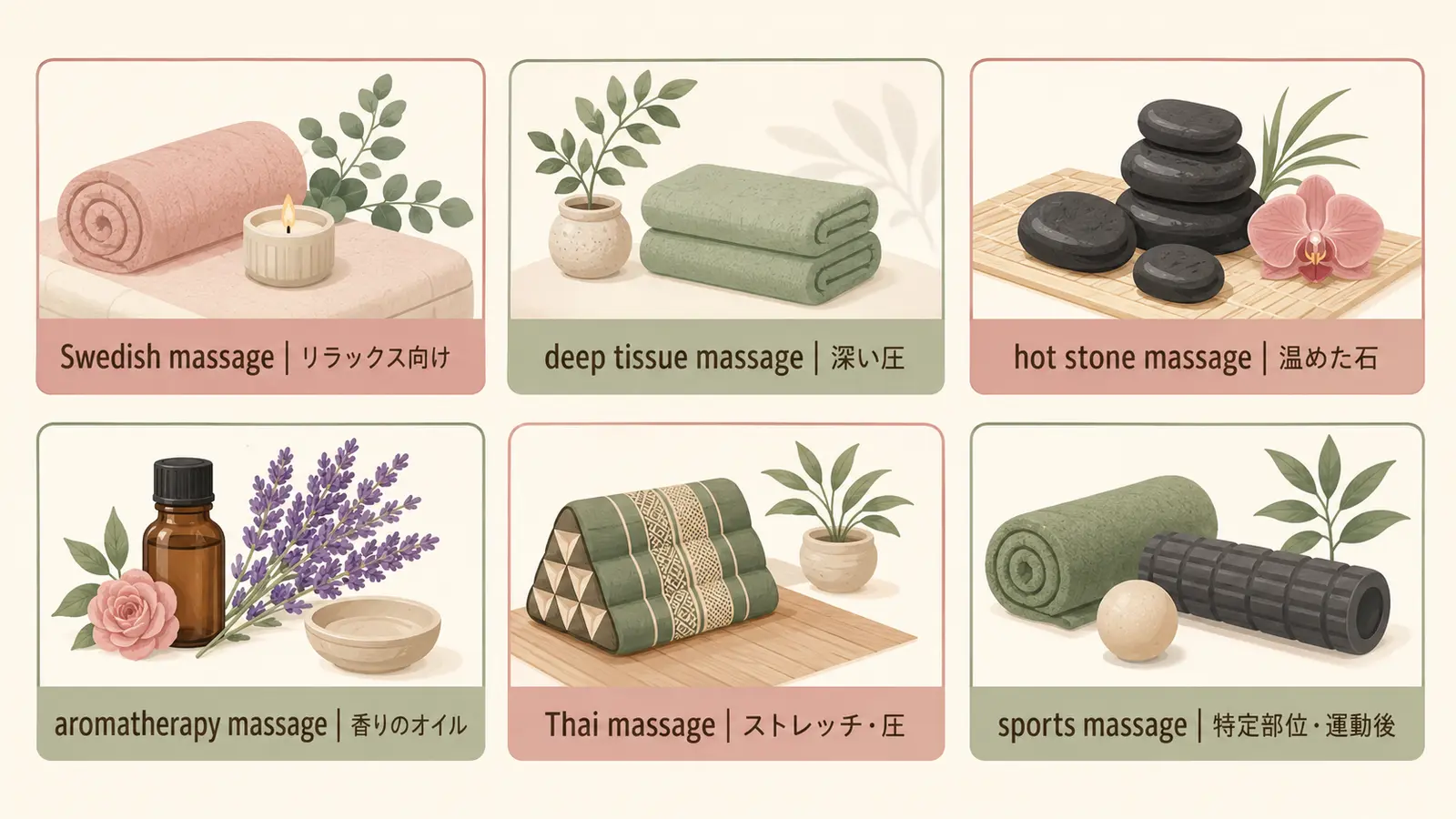 Swedish massage、deep tissue massage、hot stone massageなど6種類の比較図