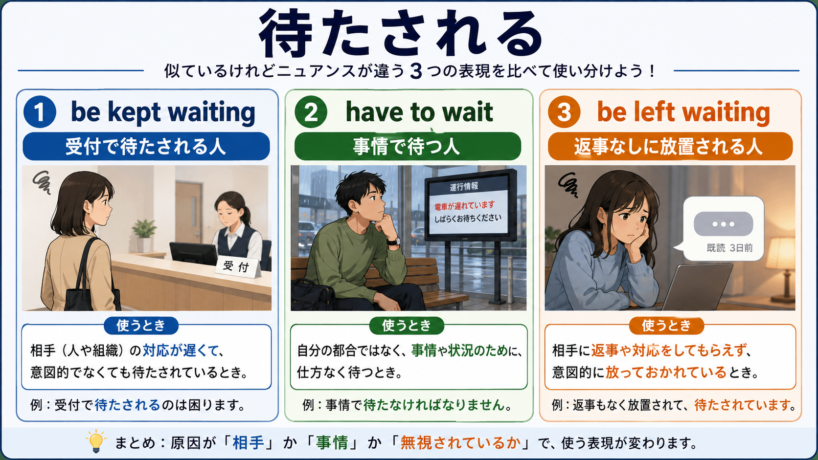待たされるを表すbe kept waiting・have to wait・be left waitingの使い分け図