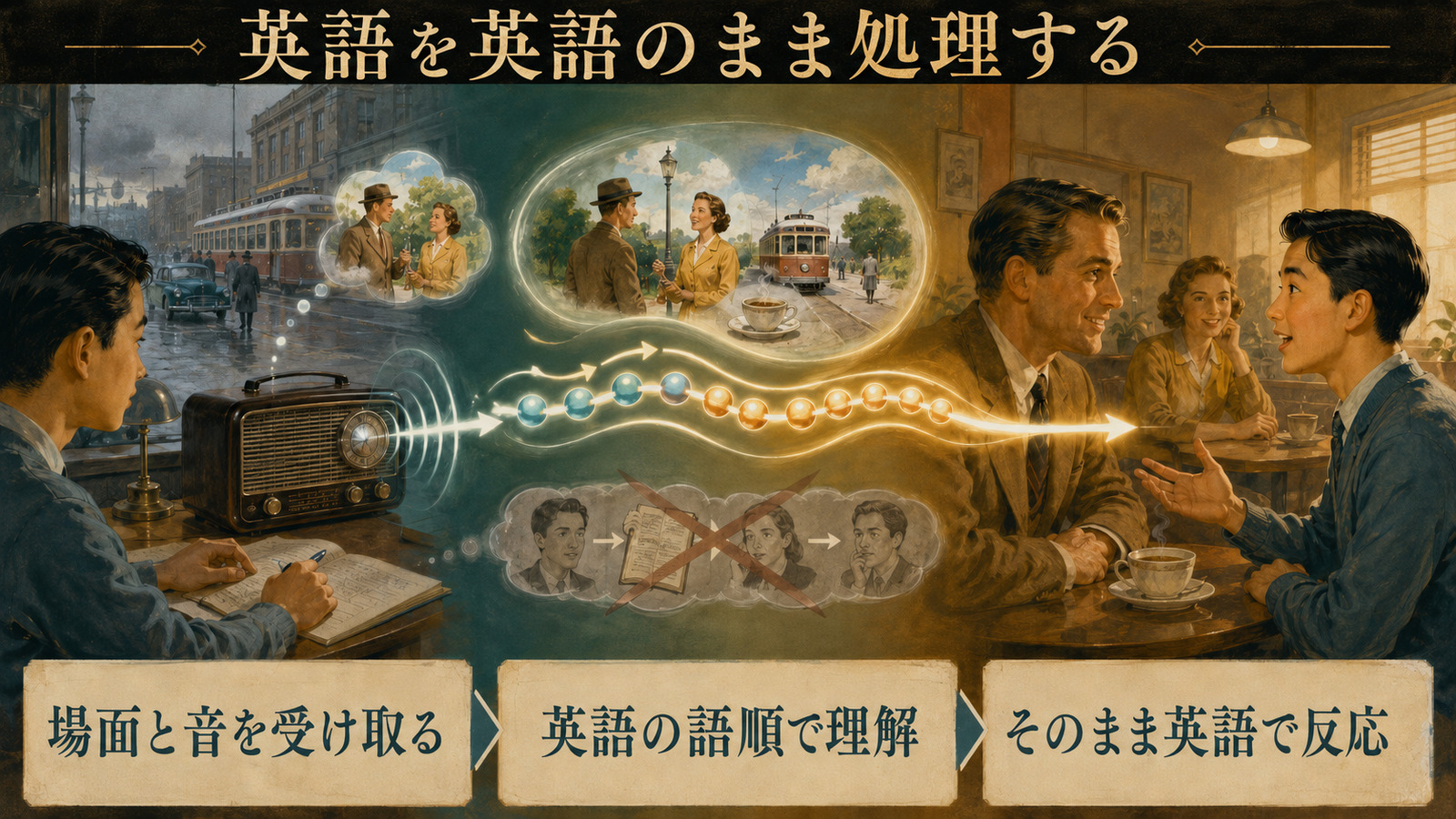 場面と音を受け取り英語の語順で理解してそのまま英語で反応する流れの図解