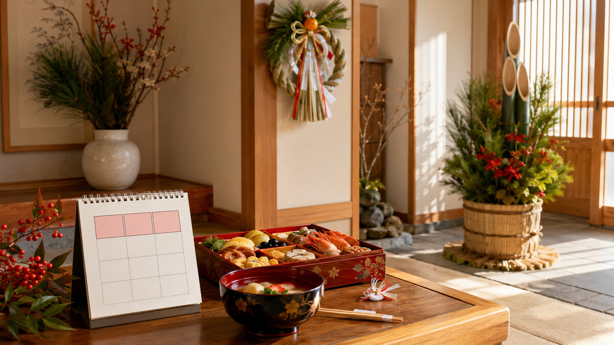 正月飾りと1月1日から3日を表すカレンダー