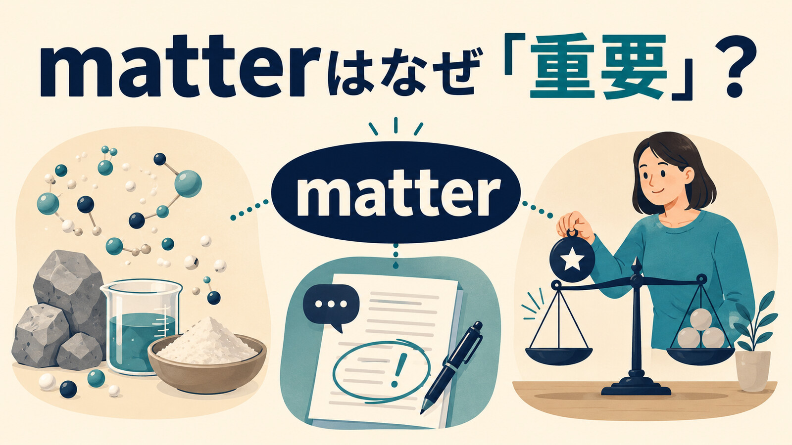 matterの物質・問題・重要であるという意味のつながりを示すアイキャッチ