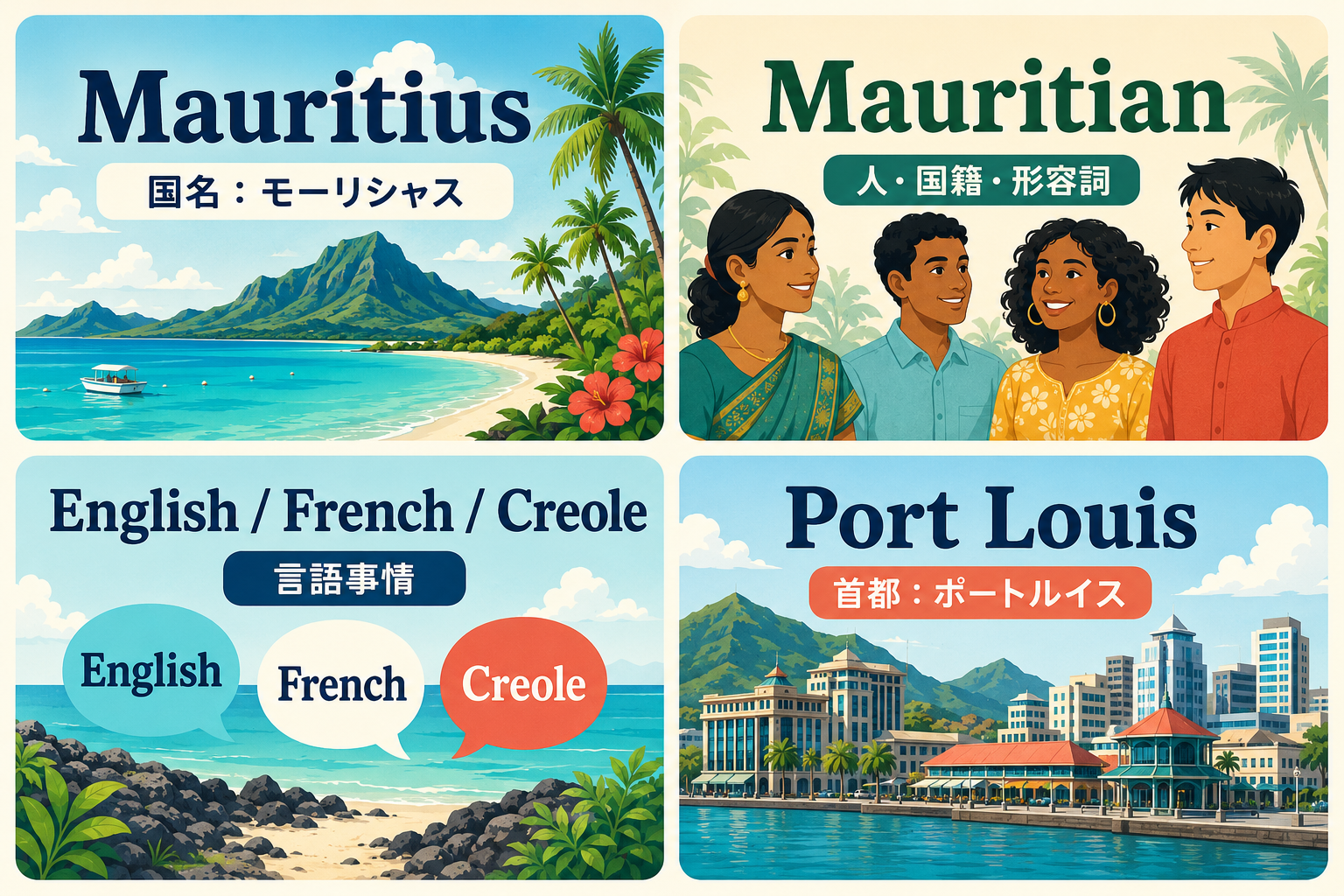 Mauritius、Mauritian、English・French・Creole、Port Louisの違いを示す図